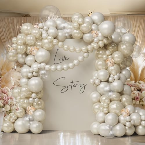 Pearl Balloon Arch Kit – 116PCS Double Layer Pearl White Sand Balloons & Clear Balloons Linking for Wedding, Bridal Shower, Engagement, Baptism, Birthday Party Decorations