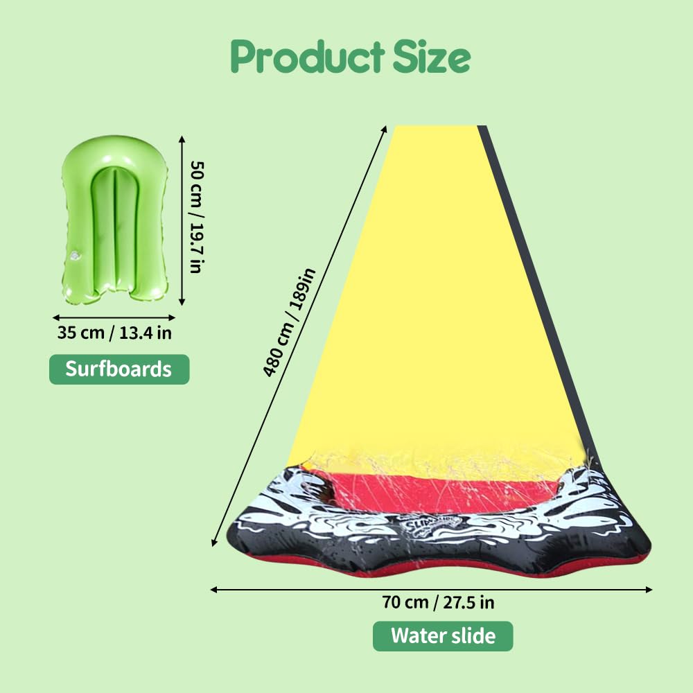 Wasserrutsche Garten, 188in x 27in/480 x 70 cm Wasserrutschbahn mit Bodyboard, Rutschbahn Outdoor Wasser mit eingebautem Sprinkler, Single Rasen Wasserrutschmatte für Sommer Garten Outdoor Pool