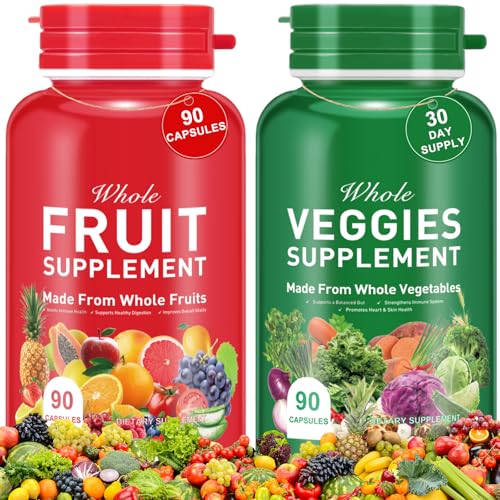 Fruit and Veggies Supplement - 2 Bottles 180 Total High Fiber Vegetarian Capsules, Balance of Natural 21+25 Whole Fruits & Veggies Blend, Fresh Superfood Formula with Vitamins and Minerals