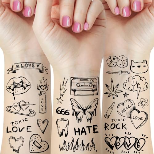 Love Graffiti Temporary Tattoos - 12 Sheets of Hand-Drawn Black & White Doodle Art Tattoos for Women, Men, Couples - Edgy No Needle Valentine's Body Art for Parties & Expression