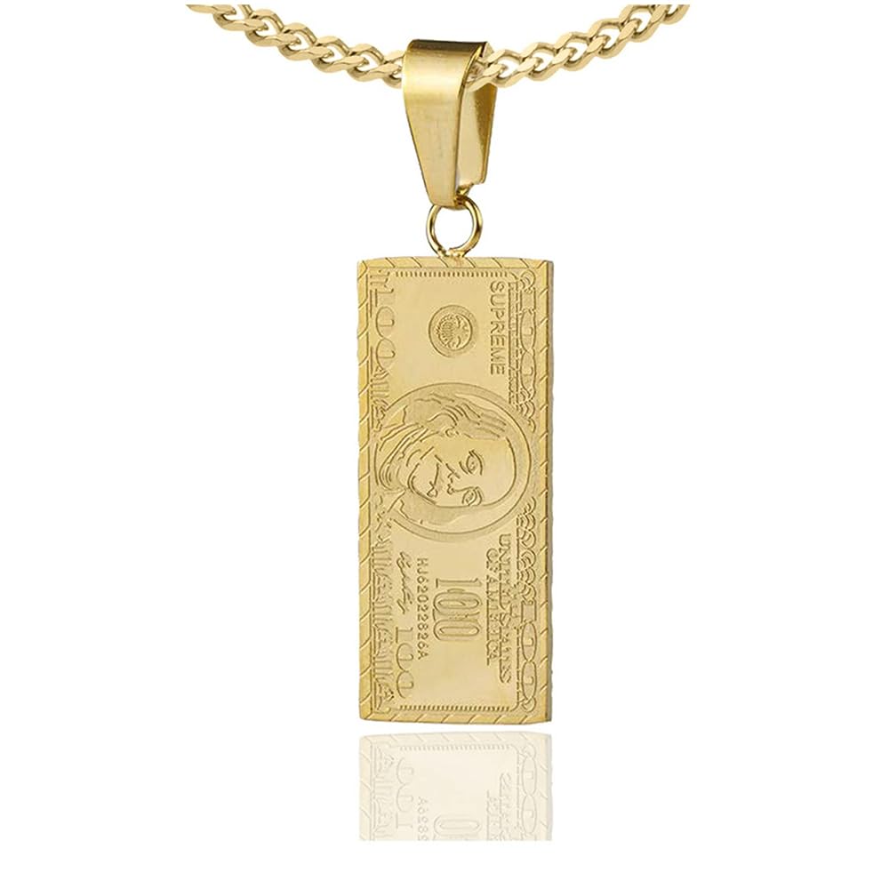 Chunky Gold Dollar Bill Necklace Punk Hip Hop One Hundred Dollar Charm Necklace for Women Men Rapper Vintage Rectangular Money Pendant Necklace Creative US Dollar Sign Banknote Jewelry Gift