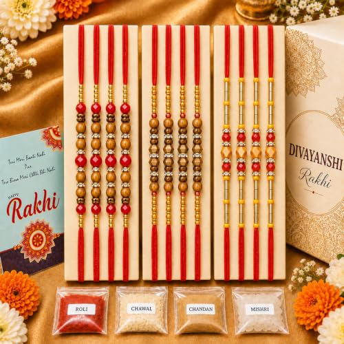 Image of DIVAYANSHI Premium Pearl Rakhi Set for Brother | Handmade Designer Beaded Rakhi Threads | Raksha Bandhan Gift with Roli Chawal & Premium Display Card- Pack of 12