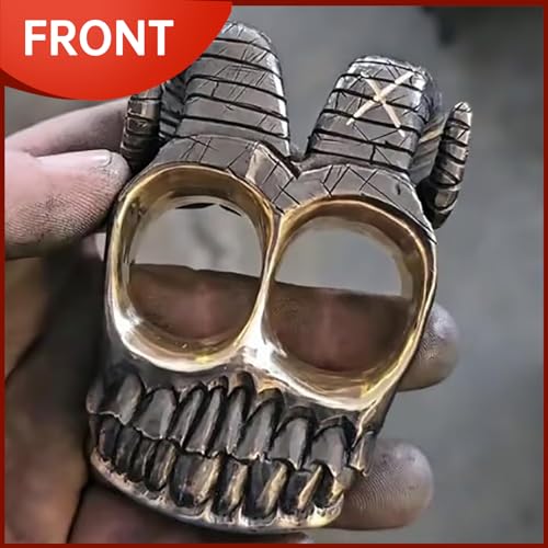 ZOLLZIRR Handmade Ram Horn Skull Knuckles – Brass Knuckles for Bikers & Punk Rockers, Double Loop Finger Ring, Vintage Skeleton Knuckles for Men & Women - Thumbnail 2