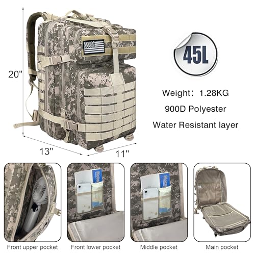 Image of Military Tactical Backpack for Men, 45L 3 Day Assault Pack, Heavy Duty Large Molle Backpack for Outdoor, Hiking, Camping, Camouflage Grey