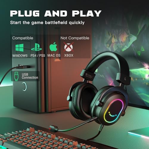 FIFINE Mikrofonlu PC Kablolu Kulaklıklar için Oyun Kulaklığı-7.1 Surround Ses Bilgisayar Dizüstü Bilgisayar için USB Kulaklık, PS4/PS5'te Akış Kulaklığı, EQ Modu, RGB, Yumuşak Kulak Pedleri ile - - Görsel 6