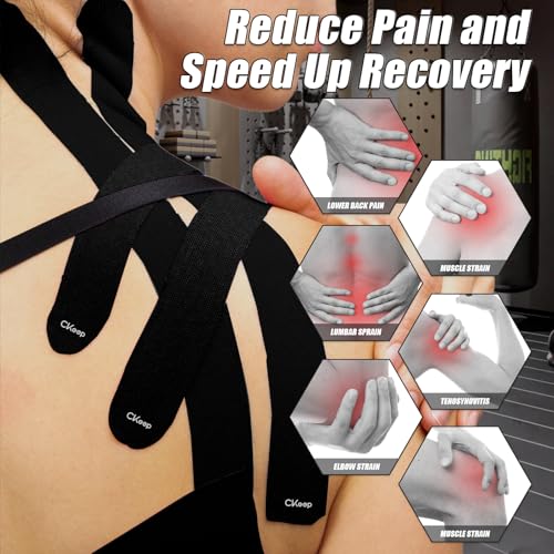 Image of CKeep Kinesiology Tape, Original Cotton Elastic Precut Strips 4 Rolls, Black | Latex Free High Adhesion Athletic Tape, Waterproof & Breathable Sports Tape for Muscle Support & Injury Prevention 80 Count