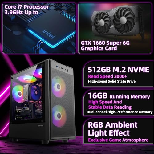 Image of Prebuilt Gaming PC Desktop,Intel Core i7 Business Office Tower Computers PC | GTX1660S 6G Graphics Card, 16GB RAM and 512GB SSD, WiFi, Win11, Suitable for Study,transaction,Entertainment,Gaming, etc.