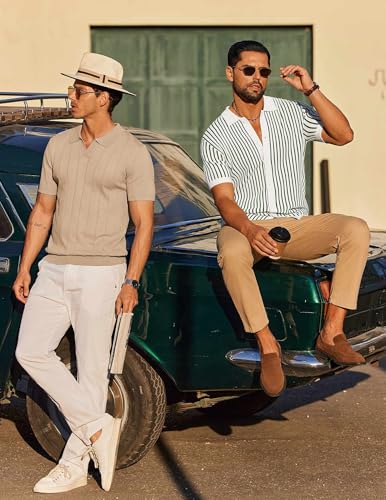 Image of COOFANDY Mens Knit Button Down Shirts Short Sleeve Polo Shirt Vintage Striped Casual Shirts