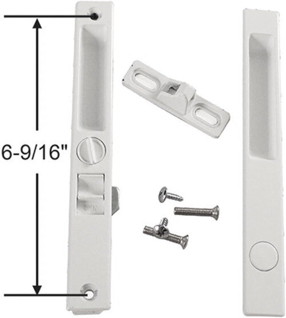 Sliding Glass Patio Door Lock Handle Set, Non-Keyed, Flush Mount, with Nite Lock,C Cam, and Keeper, White, 6-9/16" Screw Hole | Sliding Door Handle Replacement Hardware Repairs (DL-504) (White)