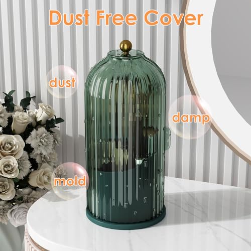 Image of YOOLENS Makeup Brush Holder with Lid 360 Rotating Clear Dustproof Make Up Organizers for Vanity Bathroom Countertop, Green