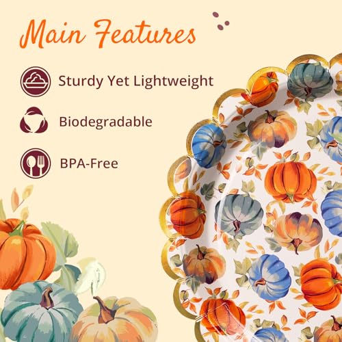 Image of Confettiville Thanksgiving Paper Plates, 50-Count Fall-Themed Decorative Disposable Serving Plates, Pale Apricot, Gold Foil Scalloped Edge, 9 Inches