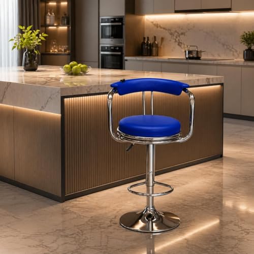 Image of Kemon Modern Adjustable Swivel Bar Stool Chair with Backrest, PU Leather Hydraulic Counter Stool with Footrest for Kitchen Island, Cafe & Home Bar (1, Blue, Round Barrel Stool)