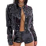 chemise cuir femme noire  Générique Veste courte en cuir à boutons et poches pour femme – Manteau chemise court en PU brillant effet mouillé