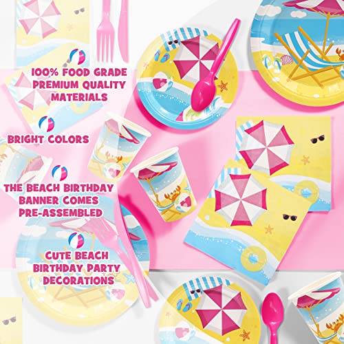 Beach Party Tableware Supplies Set(Serves 20) Pool Party Plates Disposable, Happy Birthday Banner Paper Plates Cups Napkins Plastic Table Cutlery Summer Party Ideas Favors Waves Sunshine Seaside #TOP5