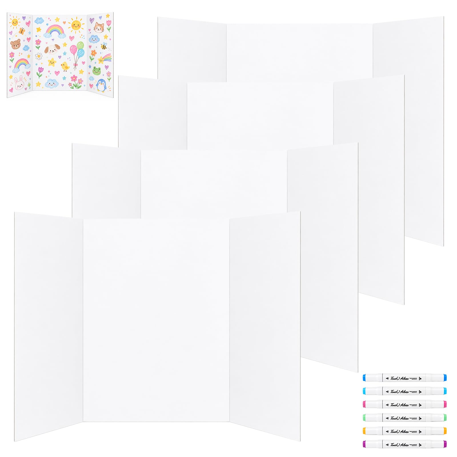 4 Pack Tri-Fold Display Board 26x17in with 6 Marker Pens