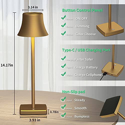 SAKRINGT 2 Pack LED Cordless Table Lamps Rechargeable,5000mAh Battery Operated Table Light,3 Color Stepless Dimming,Portable Small Desk Lamp in Aluminum for Party Patio Restaurant Indoor/Outdoor