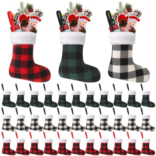 BBTO 36 Pieces Plush Cuff Christmas Mini Stockings 7 Inch Buffalo Plaid Hanging Stockings Xmas Candy Holder Tableware Holders (Assorted Color)
