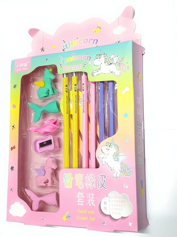Image of Crackles Unicorn Stationary Kit with Pencils, Erasers, Sharpener, Ruler Bookmark, Pencil Grip Combo Set for Best Return Gift