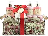 El juego de regalo de diseño cariñoso contiene 260 ml de gel de ducha, 260 ml de loción corporal, 260 ml de espuma de baño, 120 ml de pelado, 200 g de sales de baño, 6 bombas de baño, una esponja suave y una cesta de mimbre decorativa.