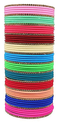 Image of NMII Stylish Multi colour Metal Bangles set for women and Girls with Zari and Cutting Design | Fancy Multicolour Bangles for women | Metal Chudi Set For Women | Women's Bangles
