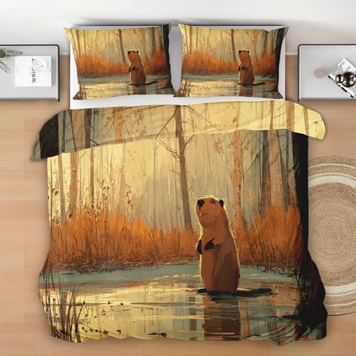 Beaver Duvet Cover Set Cot Bed for Kids Boys Girls, Autumn Forest Bedding Set Junior 120x150 cm, Breathable Hypoallergenic Soft Reversible Toddler Duvet with 1 Pillowcase