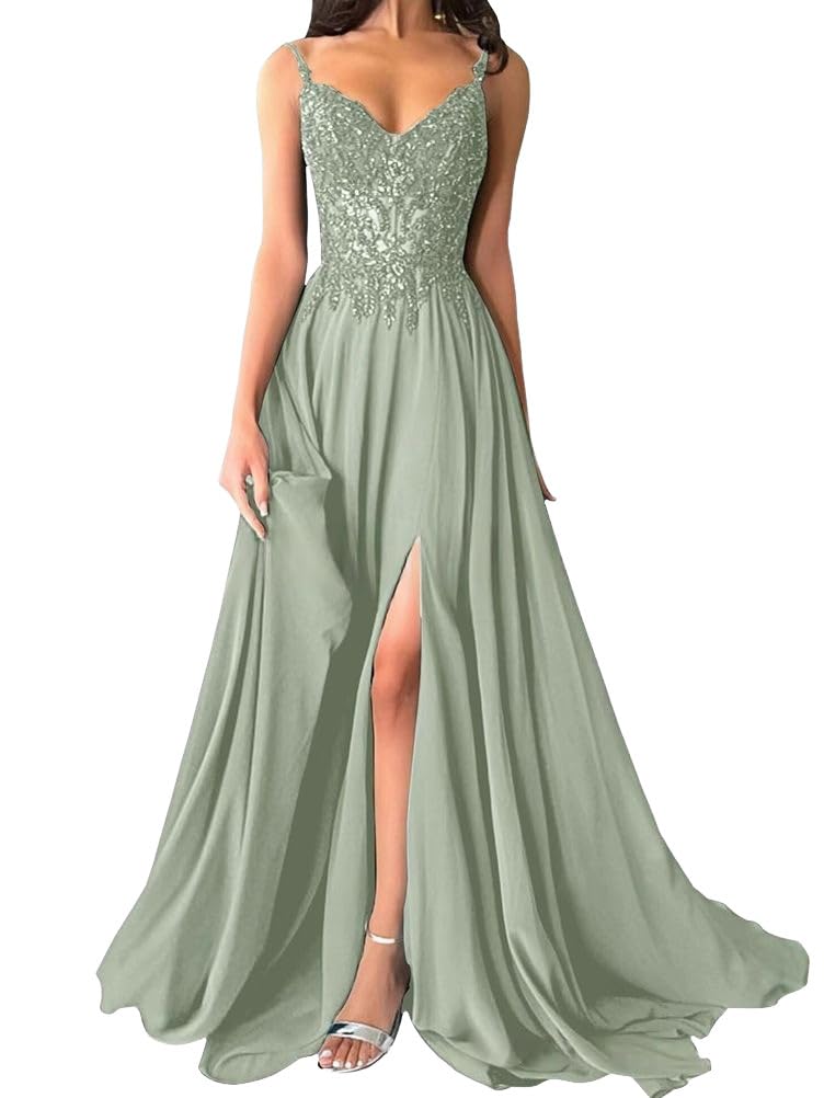 shownicer Abito Cerimonia Donna Vestito Lunghi Eleganti Matrimonio Abito da Sera in Chiffon Vita Alta Scollo A V Abiti in Pizzo Vestiti con Spacco