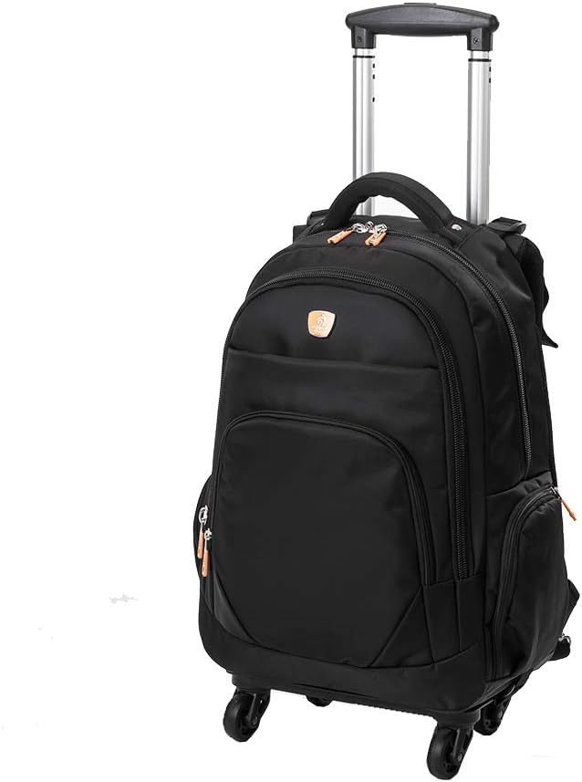 Travel Rolling Wheeled Backpack, Nylon Waterproof Carry-On Luggage with Anti-theft Zippers (Black)
