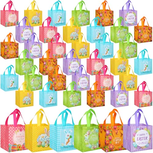Chapou 240 Pcs Easter Bags with Handle Easter Reusable Waterproof Non Woven Goodie Treat Tote Bags Bulk (Bright Style)