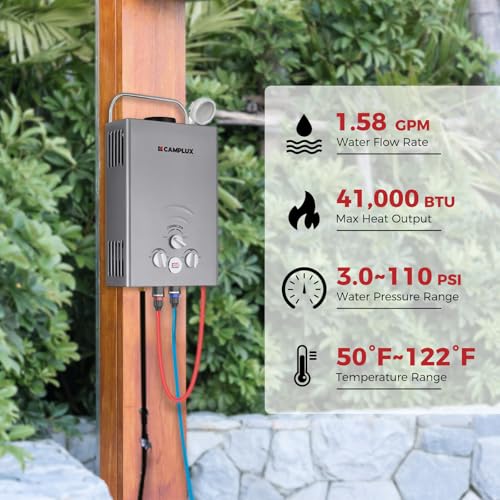 Image of CAMPLUX Portable Tankless Water Heater 1.58 GPM, BW158G Propane Gas Shower for Camping, RV, Pet Washing, 41,000 BTU Outdoor Hot Water System, Battery Operated, Gray