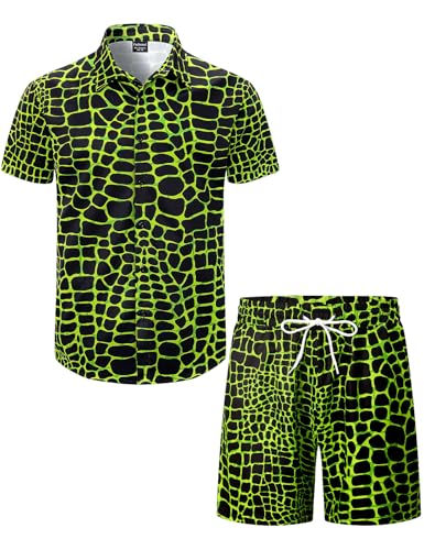 Fashonal Men Crocodile Print Shirts and Shorts Sets Alligator Hawaiian Tracksuits Short Sleeve Costume Green Jungle Safari 2 Pieces Outfit Sets Crocodile_Green Size XL