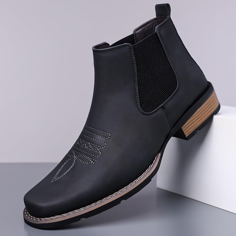 Men's Western Cowboy Chelsea Boots Classic Square Toe Cowboy Casual Work Ankle Boots Retro Stylish Slip On Casual Dress Boot - Image 3