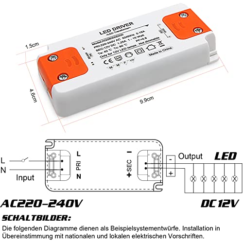 LED Trafo 230V auf 12V 15W LED-Treiber Netzteil, Transformator kein Rauschen, Niedervolttrafo für G4 MR16 GU5.3 LED, 1er Pack