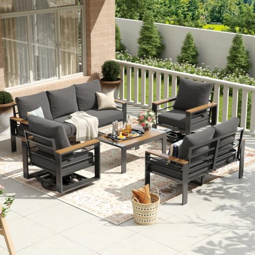 Image of Aoxun Aluminum Patio Furniture Set 7 Seats with Rocking Chair, Oversized Outdoor Sectional with Washable Thick Cushions, Coffee Table, Patio Conversation Sets for Porch, Balcony, Deck,Dark Gray