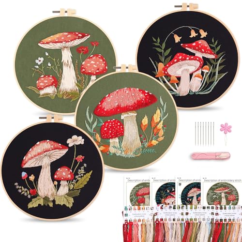 Image of Harimau Adult Beginner Embroidery Starter Kit, Complete Set with 4 Patterns, 2 Hoops, Needles, Scissors, Instruction Guide & Stitching Video Tutorials