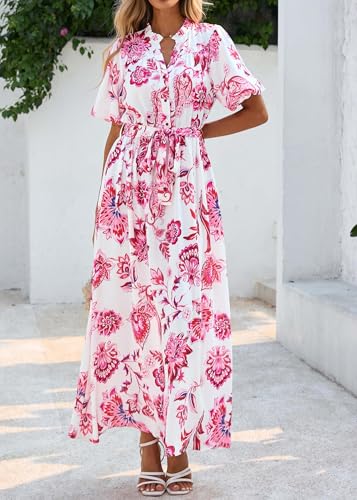 Image of KIRUNDO Women Spring Summer Wedding Guest Boho Floral Maxi Dress Puff Sleeve Button Shirt V Neck Flowy Beach Vacation Dress