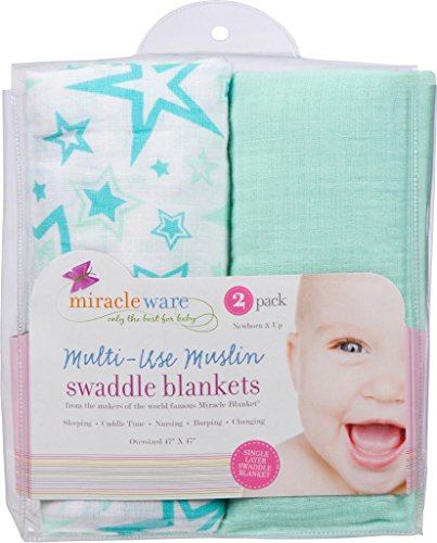 Image of Miracle Blanket Soft Muslin Swaddles Newborn Nursery Sleep Essential - Pack of 2 Warm Wraps (Aqua Stars)