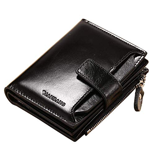 JIUFENG Men's Genuine Leather Wallet Bifold Zip Purse Card Organizer Money Clipper (Black)