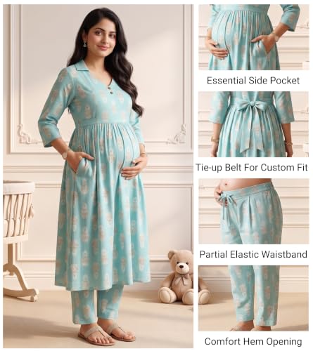 Image of DUMMY SHAPE Maternity Dresses for Women Cotton | Floral Kurta Pant Dupatta Set with Nursing Zippers, Side Pocket | Pre & Post Pregnancy | Feeding Kurti Suit | Baby Shower | Gifts for Pregnant Woman