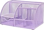 Gonice Mesh Desk Organizer with 6 Compartments and Drawer Multi-functional Pen Holder for Office Supplies and Desk Accessories Desktop Organizer for Home,Office and School (Purple)