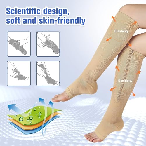 Image of bropite Zipper Open Toe Compression Socks For Women & Men | 2 Pairs 15-20mmhg Compression Socks With Zipper,Toeless Breathable Knee-High For Running Nurses Pregnancy Flying