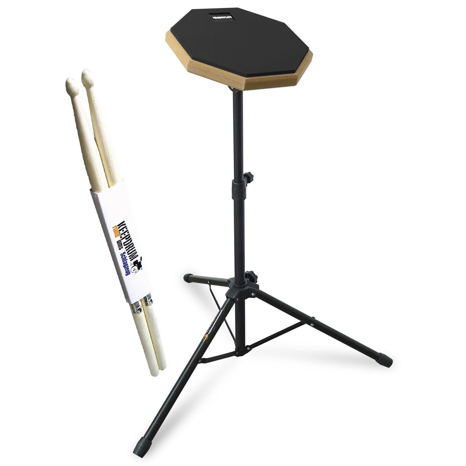 keepdrum DP-BK8 Tapis d'entraînement pour batterie Noir 20,3 cm avec trépied et baguettes