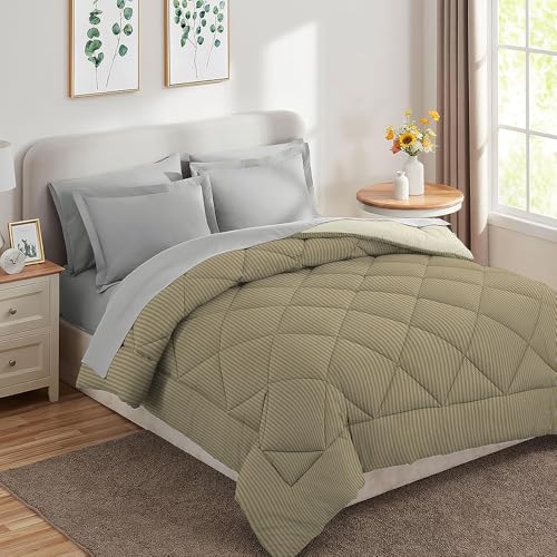 Image of HOMEKART 220 GSM Microfiber Reversible Comforter for Double Bed | Ultra Soft, Skin-Friendly & Hypoallergenic Solid Striped Blanket | Lightweight Cozy & Machine Washable (254CMx228CM, Mouse & Beige)