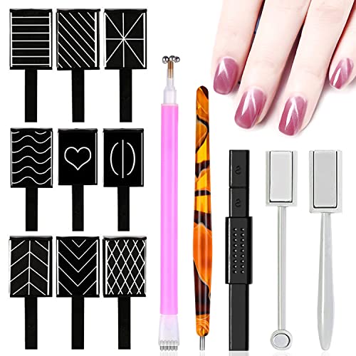 Nagelmagnet-Werkzeug, SILPECWEE 14 Stück Katzenaugen-Magnet für Nägel, Dual-Ended 3D Magnetic Stick, Nail Polish Pens Nail Design Werkzeuge für Gel Nagellack Nail Art Zubehör Cover