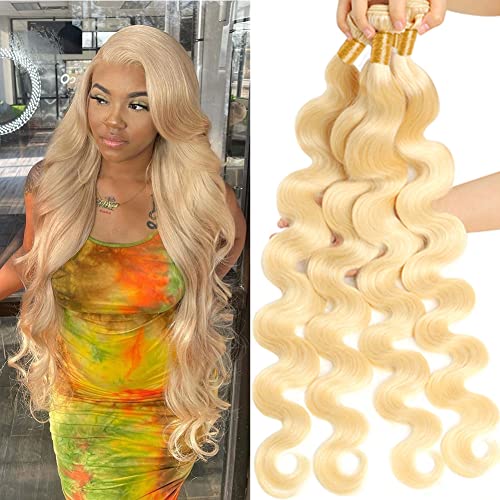 613 Body Wave Human Hair Bundles Brazilian Blonde Human Hair Body Wave 4 Bundles (22 24 26 28 inch) 100% Virgin Remy Unprocessed Double Weft Honey 613 Human Hair 4 Bundles for Black Women