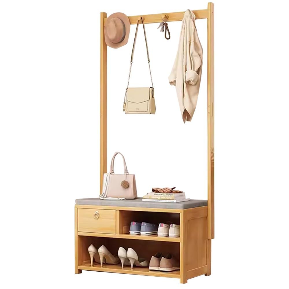 FGXHHS Bamboo Hallway Coat Rack with Shoe Storage Bench, 4-in-1 Hall Tree Removable Hooks & Clothes Rail, Stylish Stand for Entryway Entrance nization