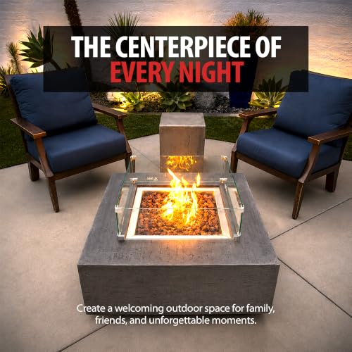 Image of AMS Creations | Albany 36 inches Square Natural Gas Outdoor Fire Pit Table | Concrete GFRC Fire Pit Table | with SS Lid, Canvas Cover, Lava Rock and Wind Guard Included