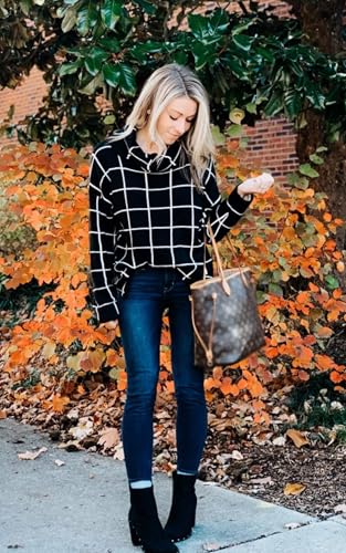Image of ECOWISH Women Fall Pullover Sweater Turtleneck Plaid Long Sleeve Loose Casual Chunky Checked Knit Winter Sweaters Jumper Tops