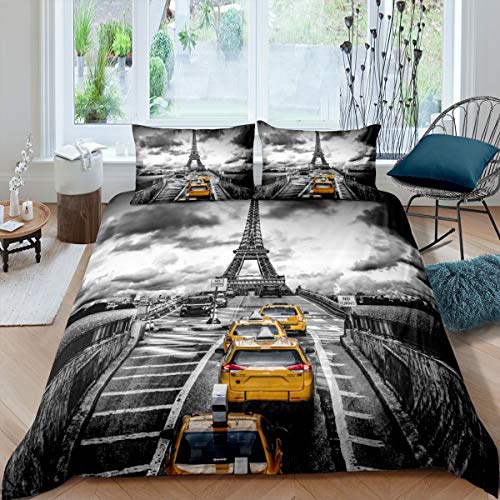 Tour Eiffel Parure de Lit 200x200cm Gris Chic Paris Thème Housse de Couette pour Vintage Célèbre France Paysage Urbain Jaune Voiture Taxi Parure Housse de Couette Style Moderne Chambre Décor