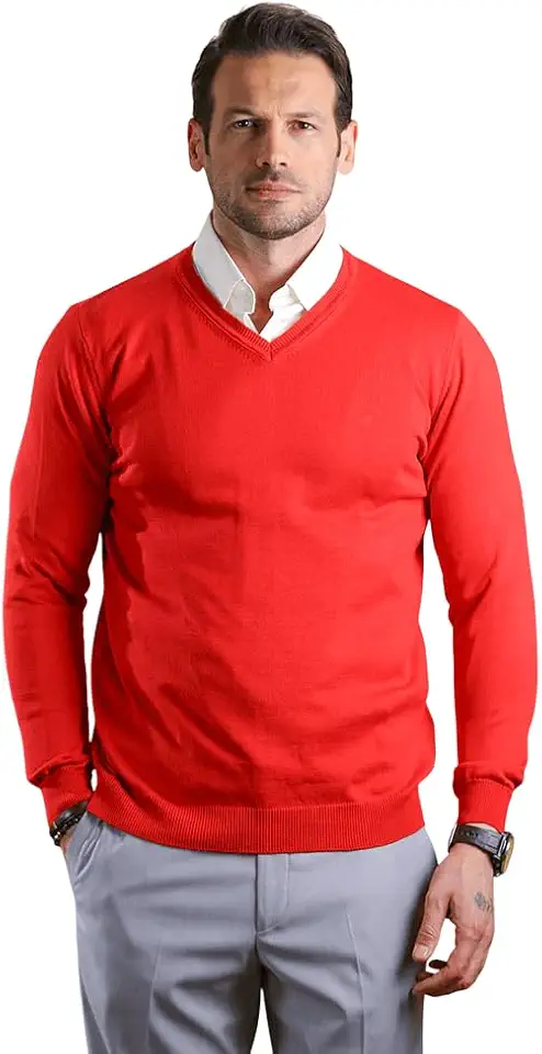 Bright Moons Men's Caravan V-Neck Sweater – Soft Knit Pullover for Casual & Business Wear, Classic Fit (US, Alpha, X-Large, Regular, Regular, Orange)