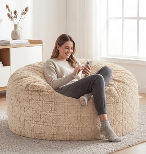 Image of 4FT Bean Bag Chair Bean Bags for Adults Large Bean Bag Beanbag Chair with Washable Cover Quilted Plush Fluffy Bean Bags Memory Foam Bean Bag Chairs Pocket Handle Bedrooms Living Room Office(Khaki)